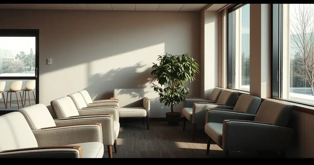 Sala de espera vazia com poltronas e planta perto da janela